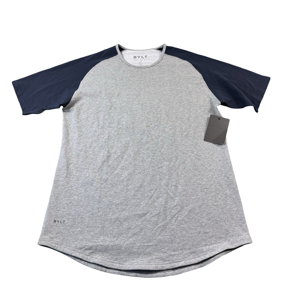 BYLT Gray Navy Colorblock Drop Cut SS Performance Lux T Shirt Mens Size L NWT